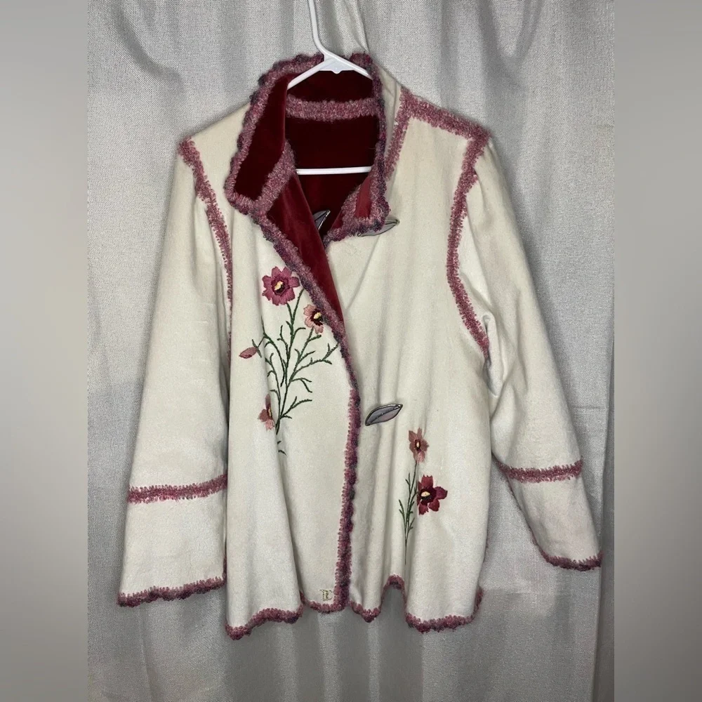 Reversable Bohemian ￼Velvet Burgundy & Off White 2 Tone Women's Jacket sz L-XL  - Picture 12 of 13